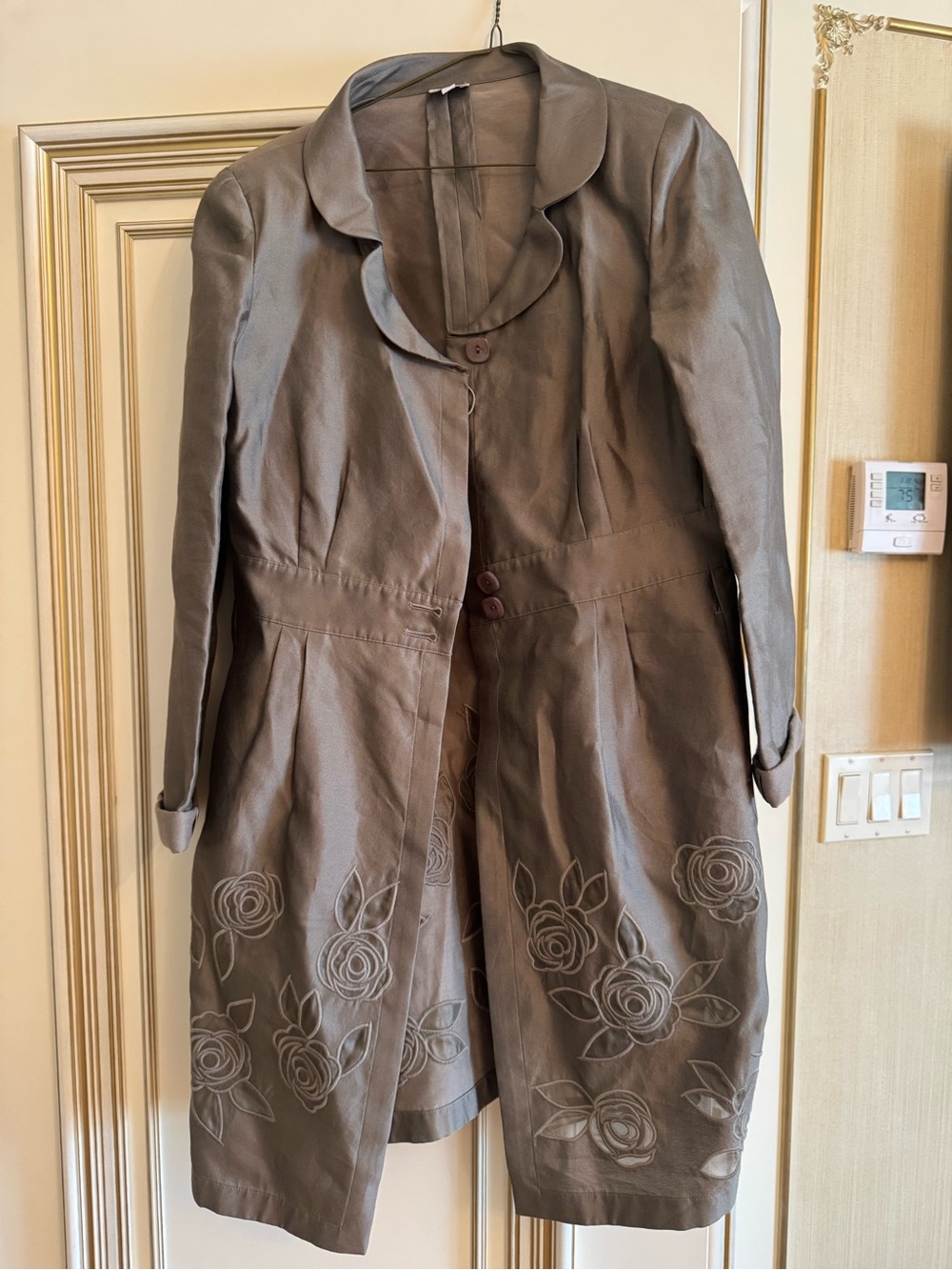Women's Taupe Embroidered Floral Trench Coat